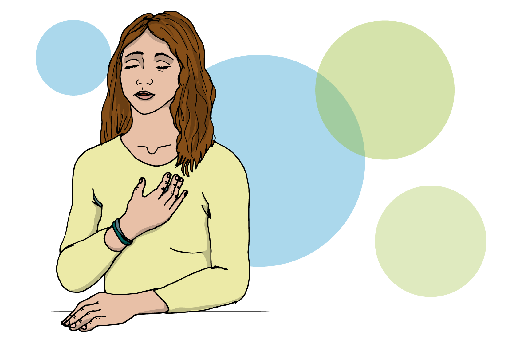 En person sitter, med stängda ögon och ena handen över bröstet. Illustraion.