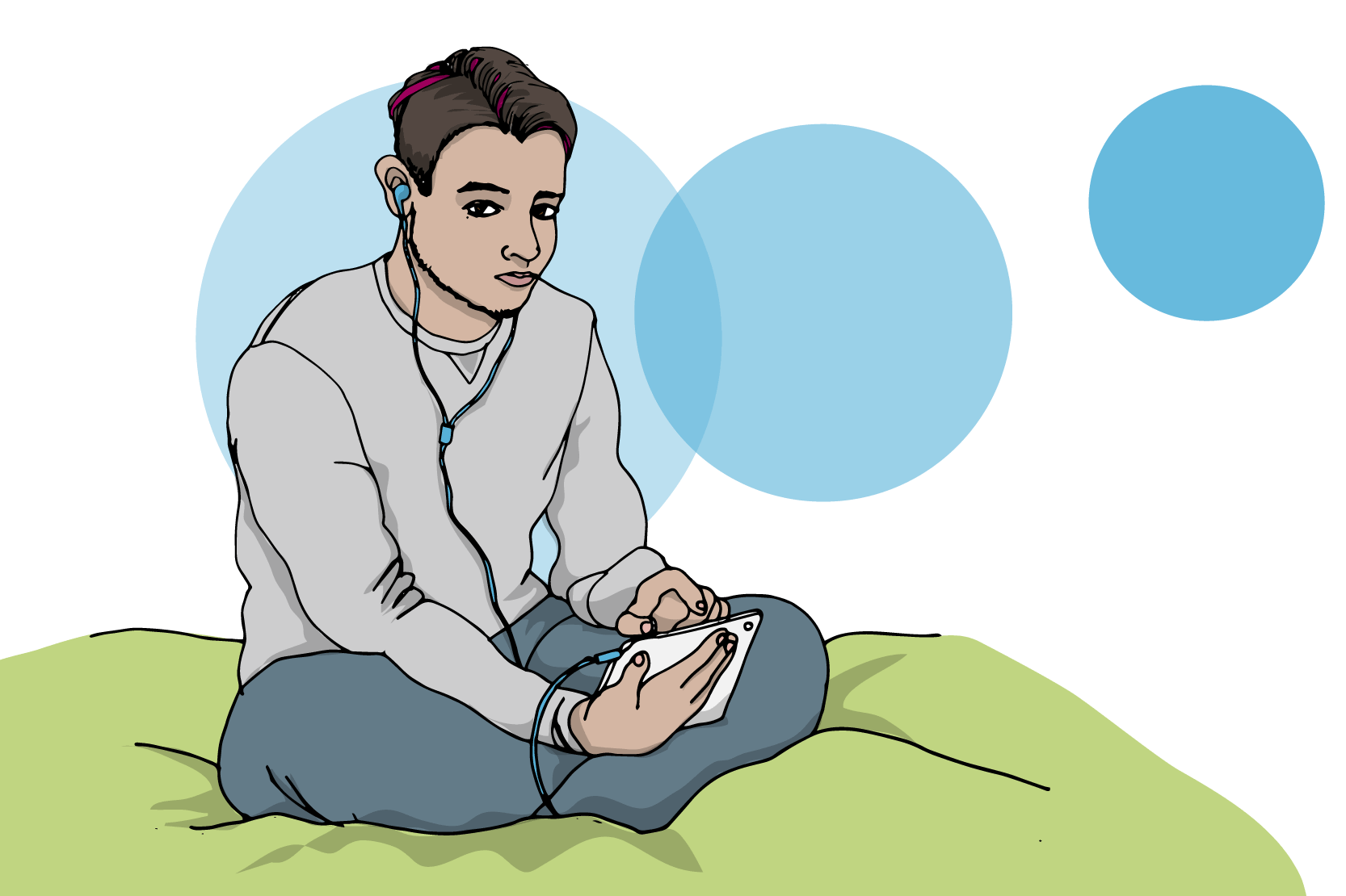 En person sitter på sin säng med en läsplatta i handen. Illustration.