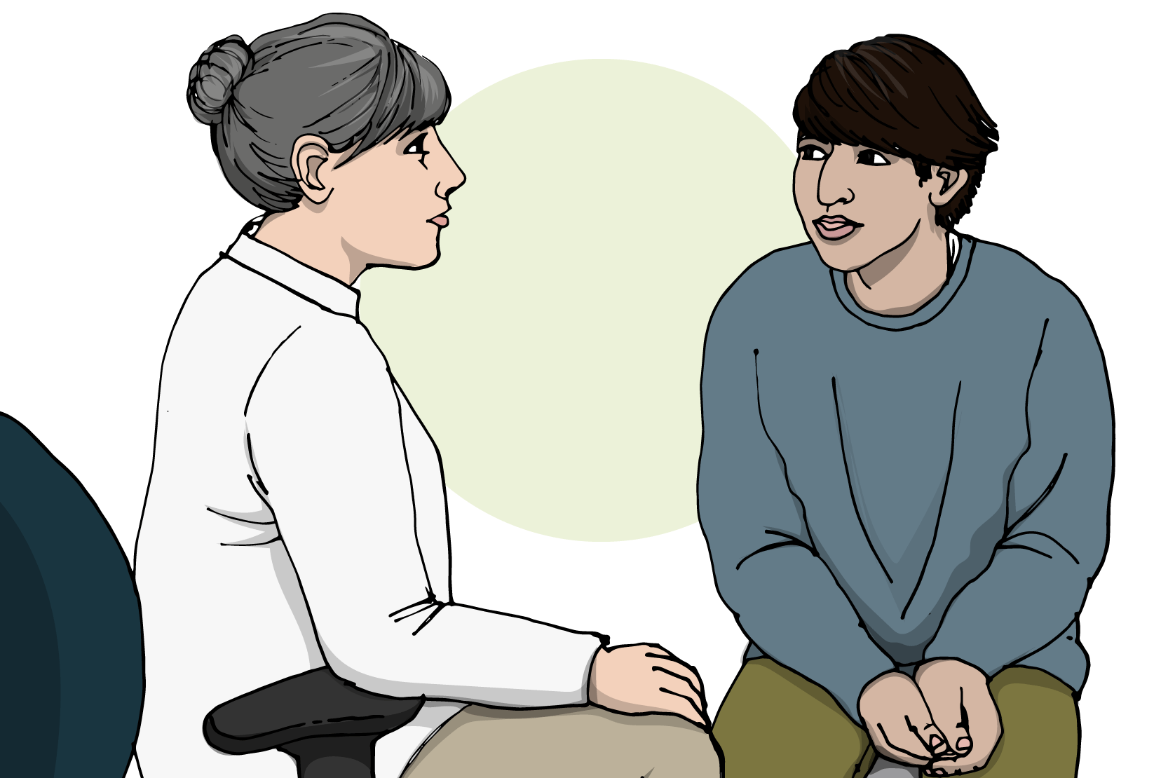 En ung person sitter och samtalar med en äldre, vårdpersonal. Illustration.