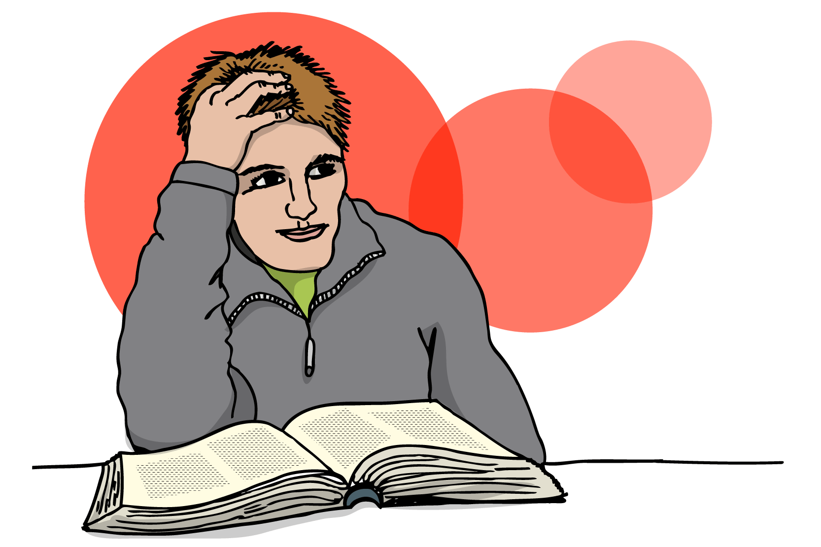 En person sitter med en uppslagen bok men ser ut att tänka på någonting annat och ser glad ut. Illustration.