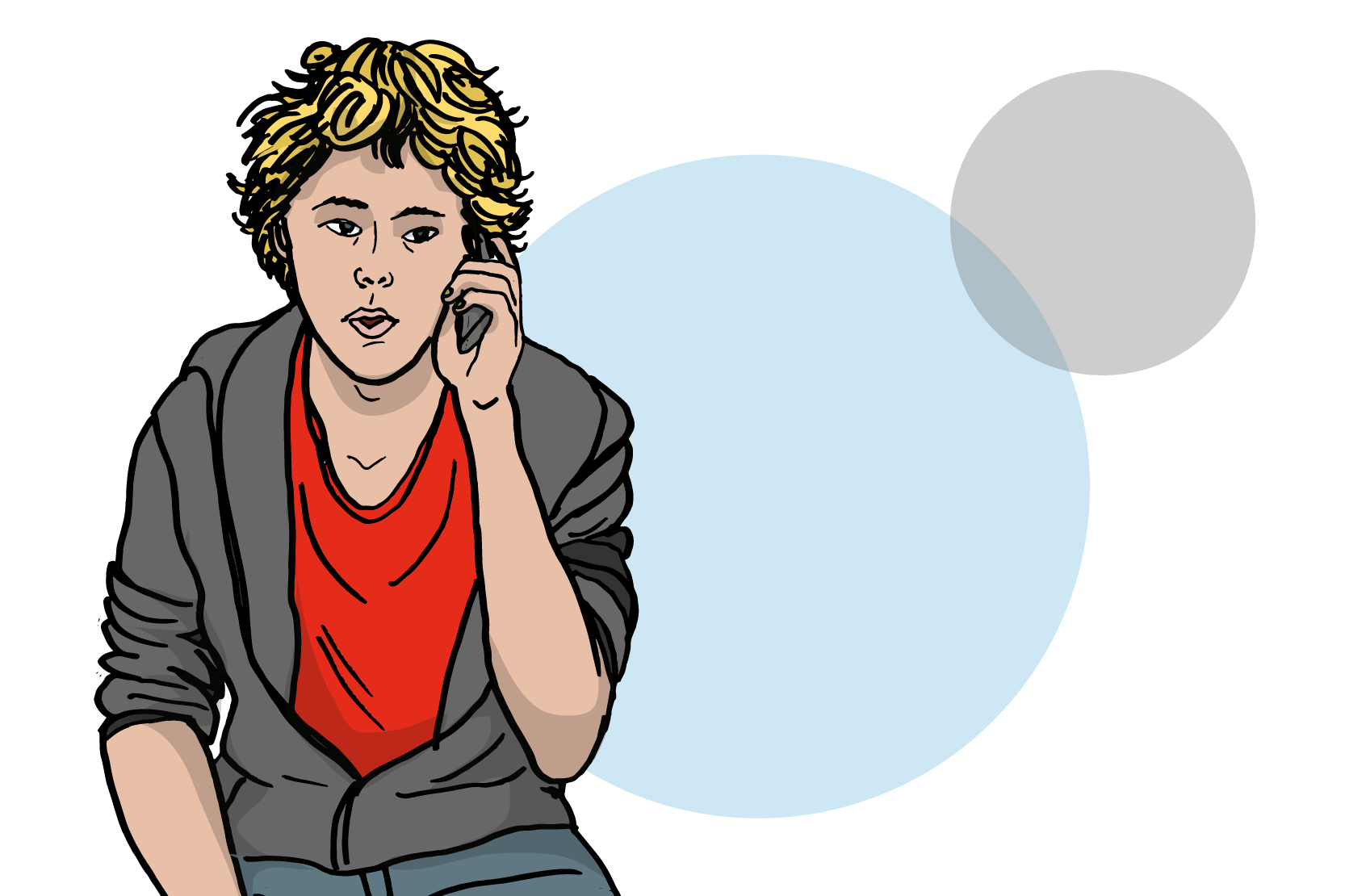 En ung person sitter och pratar i telefon. 