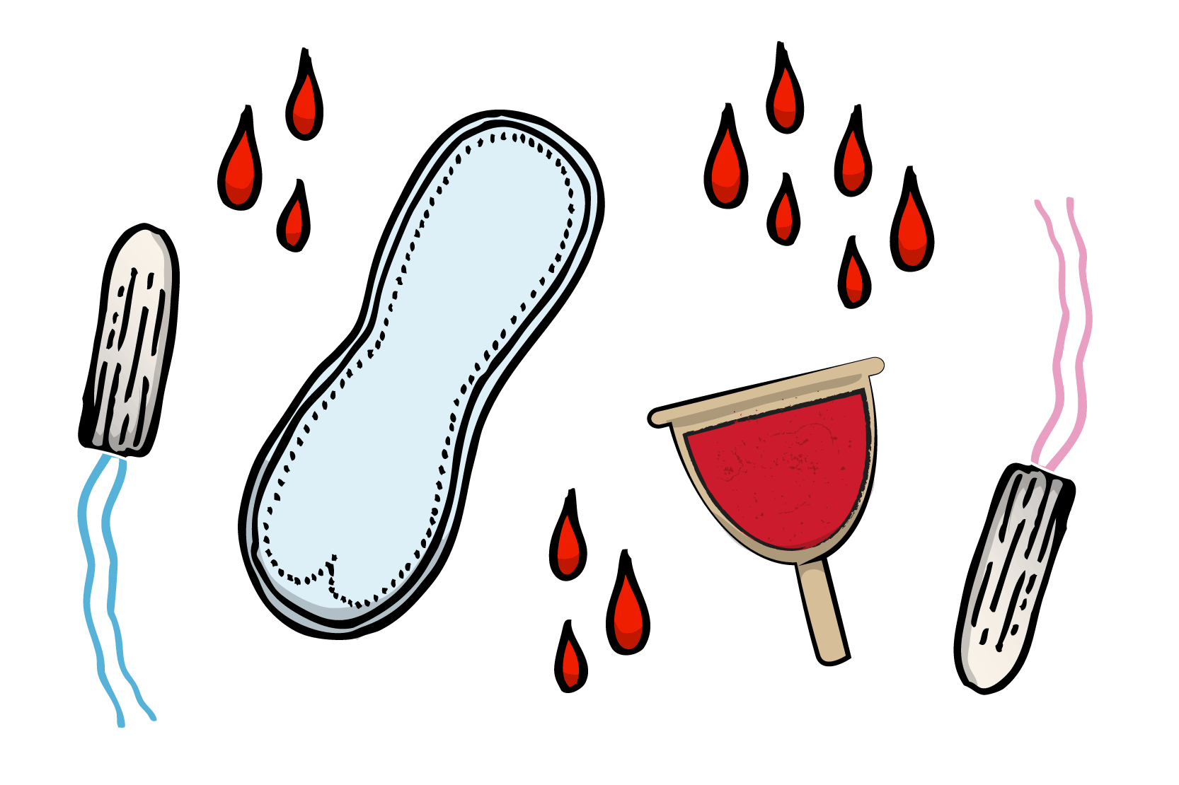 Tecknade bilder av olika mensskydd och bloddroppar.