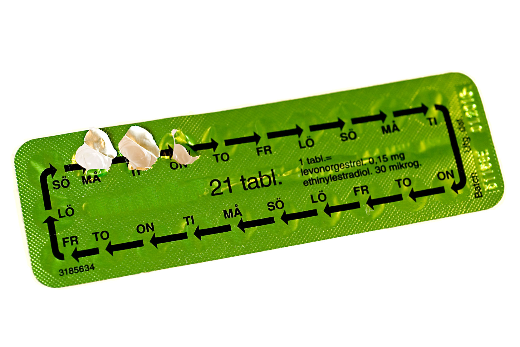 En förpackning med p-piller där veckodagar finns markerade. Fotografi. 