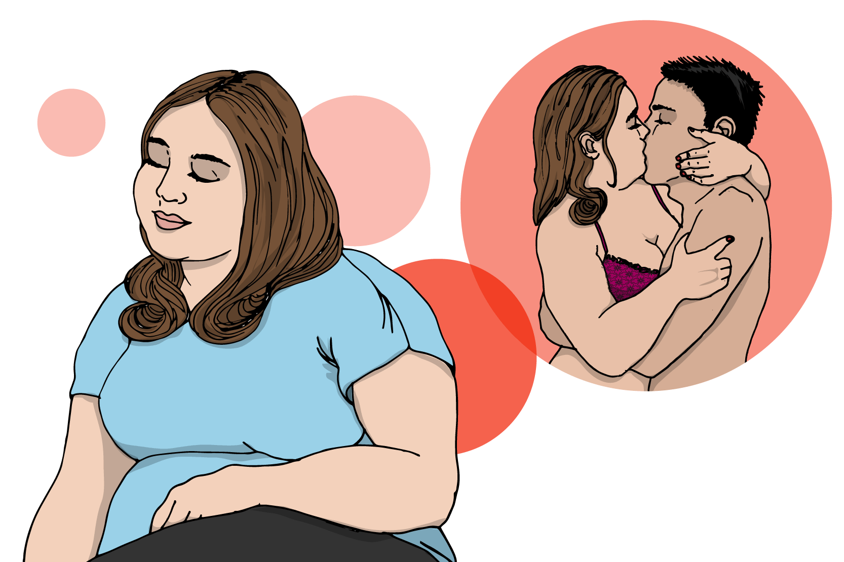 En person blundar och fantiserar om sex med en annan person. Illustration.
