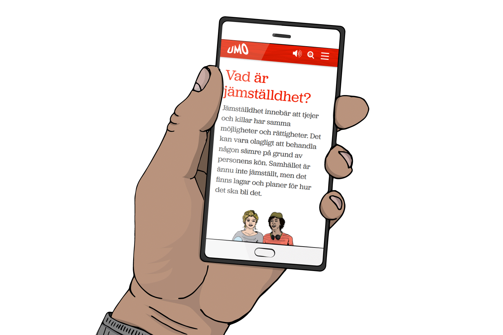 En hand håller i en mobil, där UMO:s artikel om jämställdhet visas. Illustration.