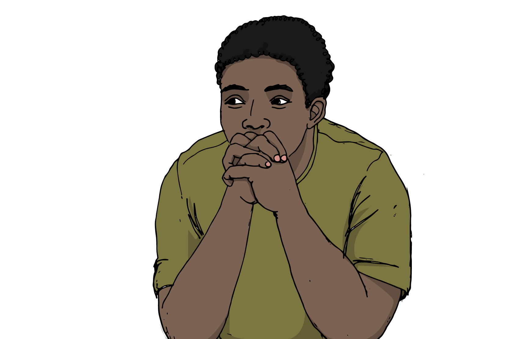 En ung person sitter och lutar sig på armbågarna och har händerna knutna.