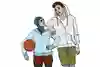 Två personer står lutade mot varandra och ler, de har båda sportkläder och den ena har slöja och håller i en basketboll.  
