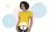 En person med jeans och t-shirt. En cirkel framför underlivet visar var äggstockar och äggledare finns inuti kroppen. Illustration