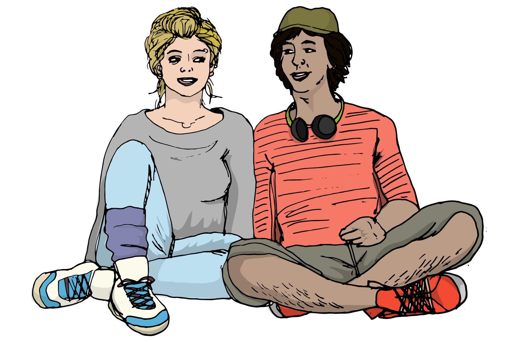 En tjej och en kille som sitter bredvid varandra på marken. De se ut att prata med varandra och vara glada. Illustration.