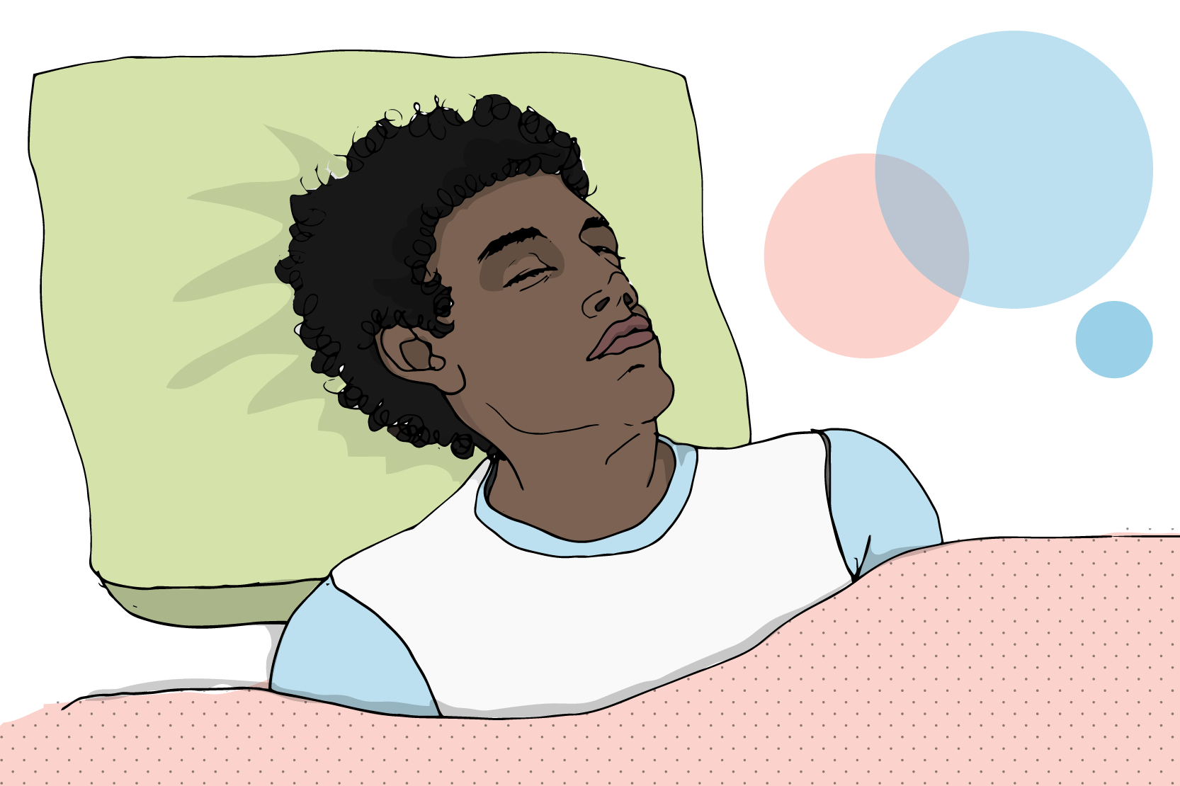 En person ligger och sover gott. Illustration.