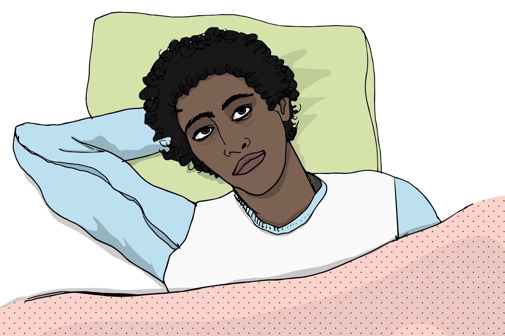 En person som ligger i sängen med öppna ögon.  