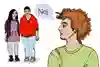 En person säger "nej" till två andra, som står en bit ifrån Illustration.