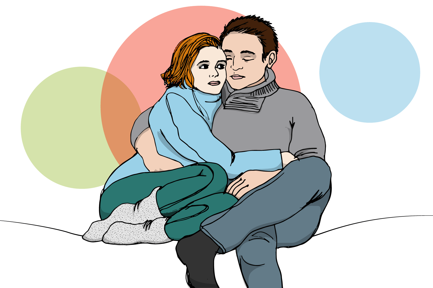 Ett ungt par sitter och håller om varandra.