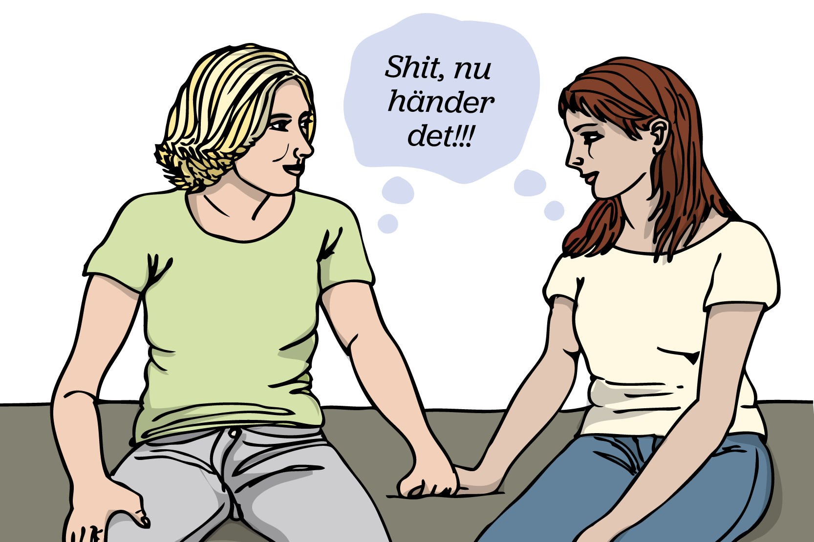 Två personer på en säng tittar på varandra och tänker "shit, nu händer det!"