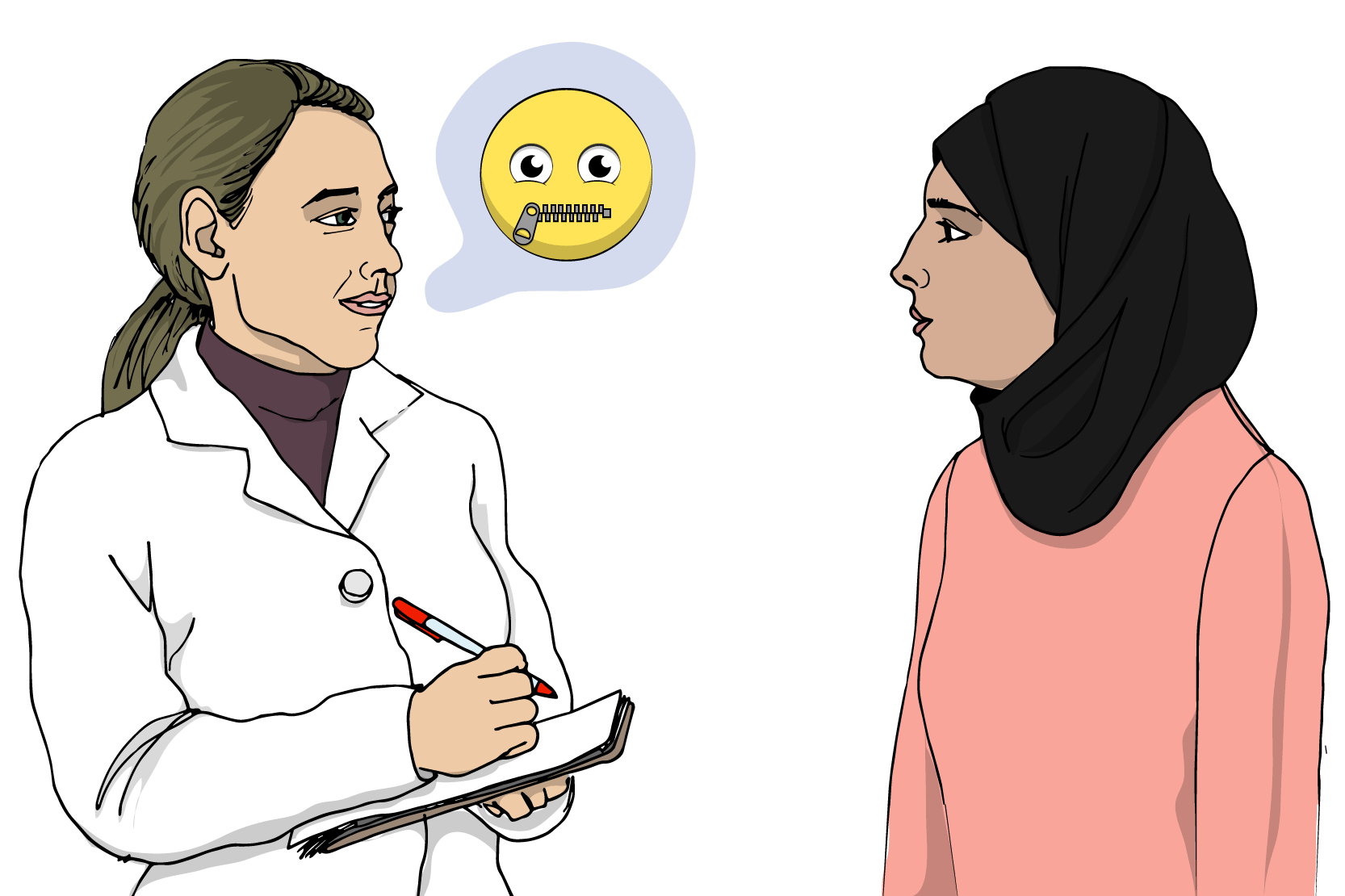 En vårdpersonal pratar med en ung person. En pratbubbla från vårdpersonalen innehåller en smiley med dragkedja för munnen. Illustration.