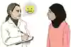 En vårdanställd säger till en person att hen lovar att inte berätta för någon. Emoji med blixtlås som mun. Illustration. 