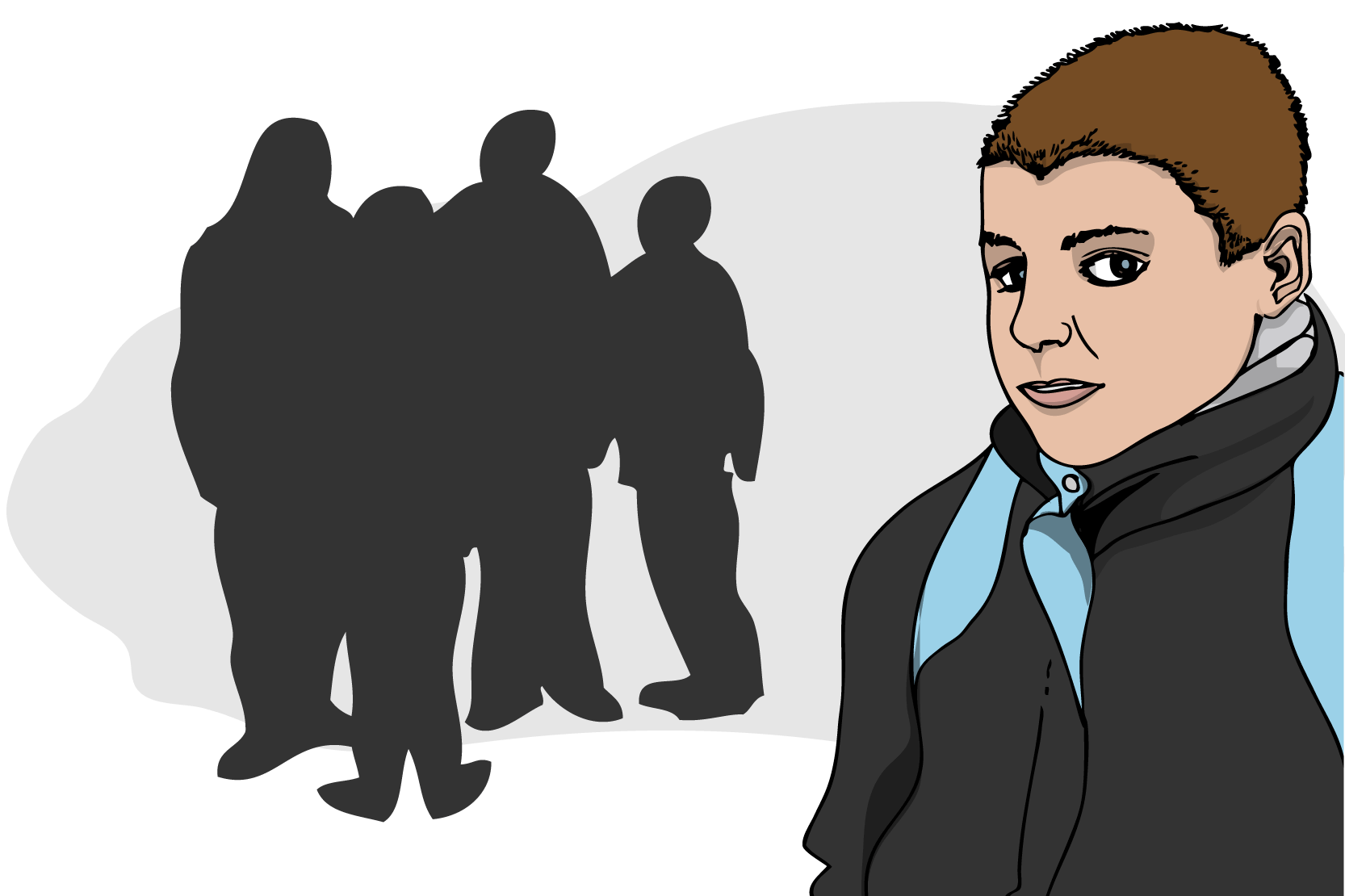 En kille ser ledsen ut och bakom honom står ett antal personer. Illustration 