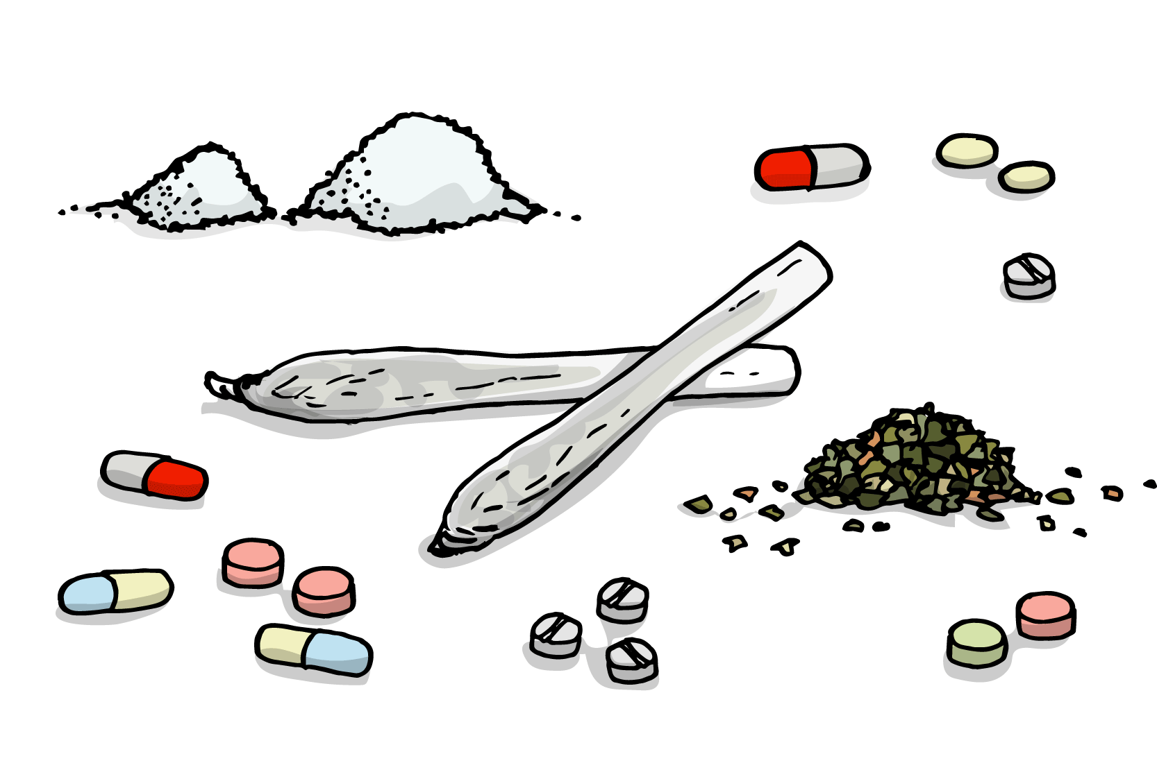 Olika sorters droger: vitt pulver, olika sorters tabletter, rullade cigaretter och torkade, malda blad. Illustration. 