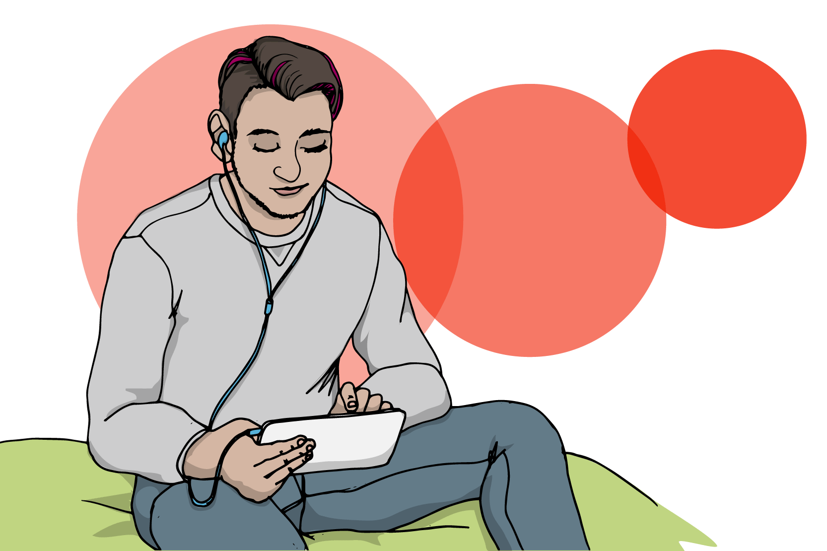 En person sitter på sin säng med en läsplatta och pekat på skärmen. Illustration.
