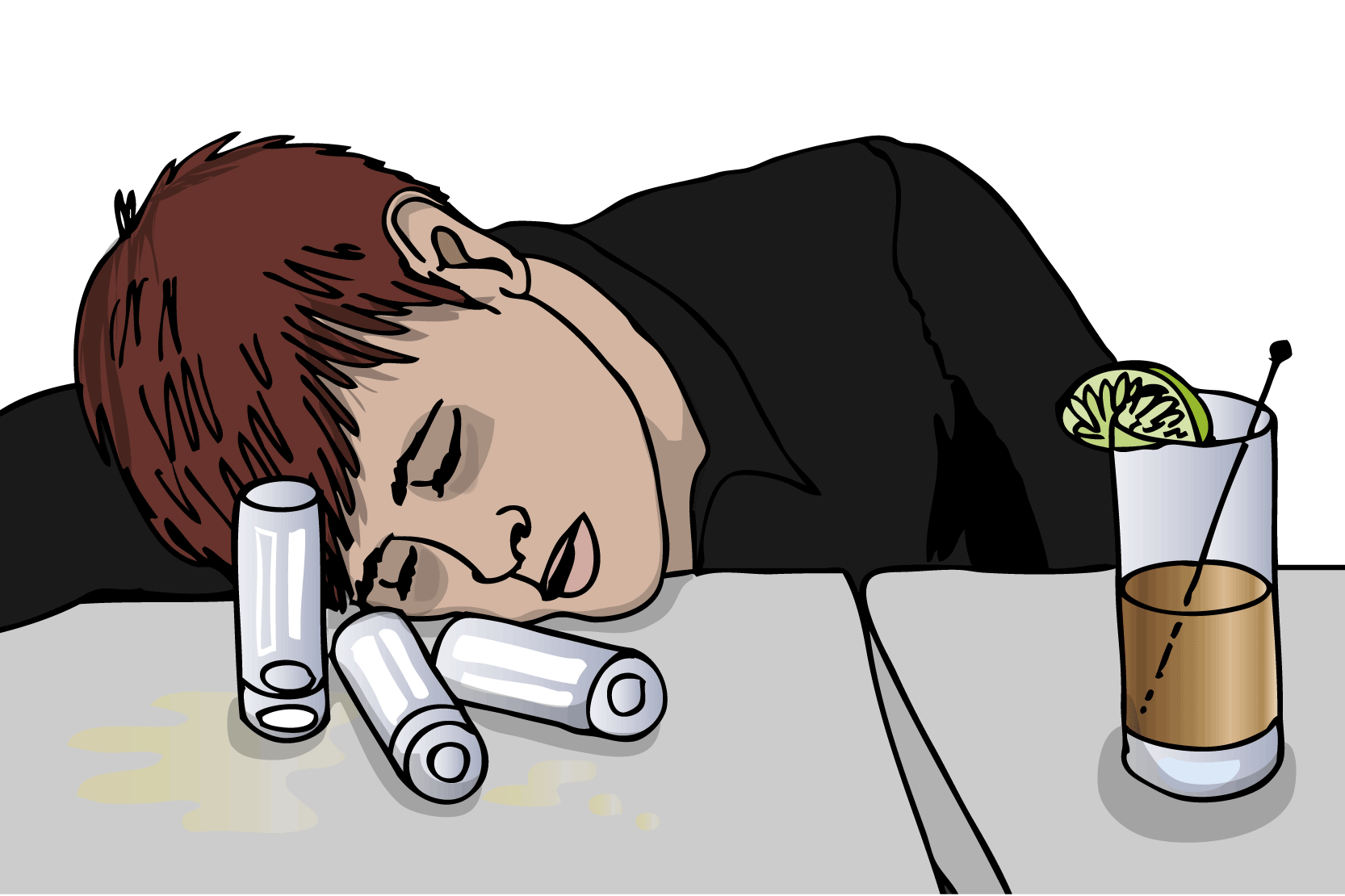 En person har somnat med flera tomma glas framför sig. Illustration.