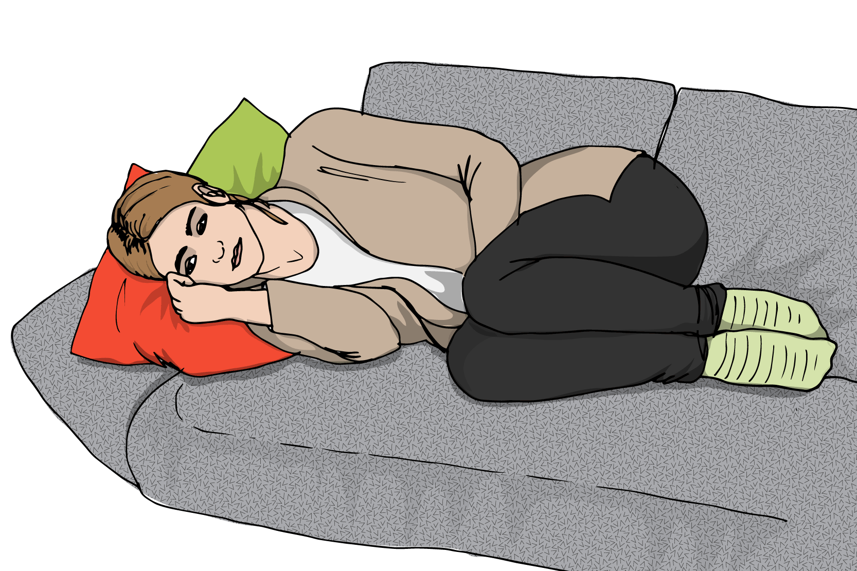 En person ligger på sidan i en soffa och håller sig för magen. Illustration.