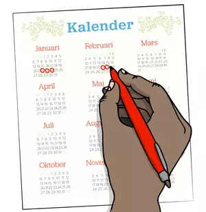 En almanacka där någon ringar in dagar med en röd penna. Illustration.