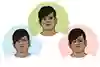 Tre ansikten, med olika humör. Illustration.