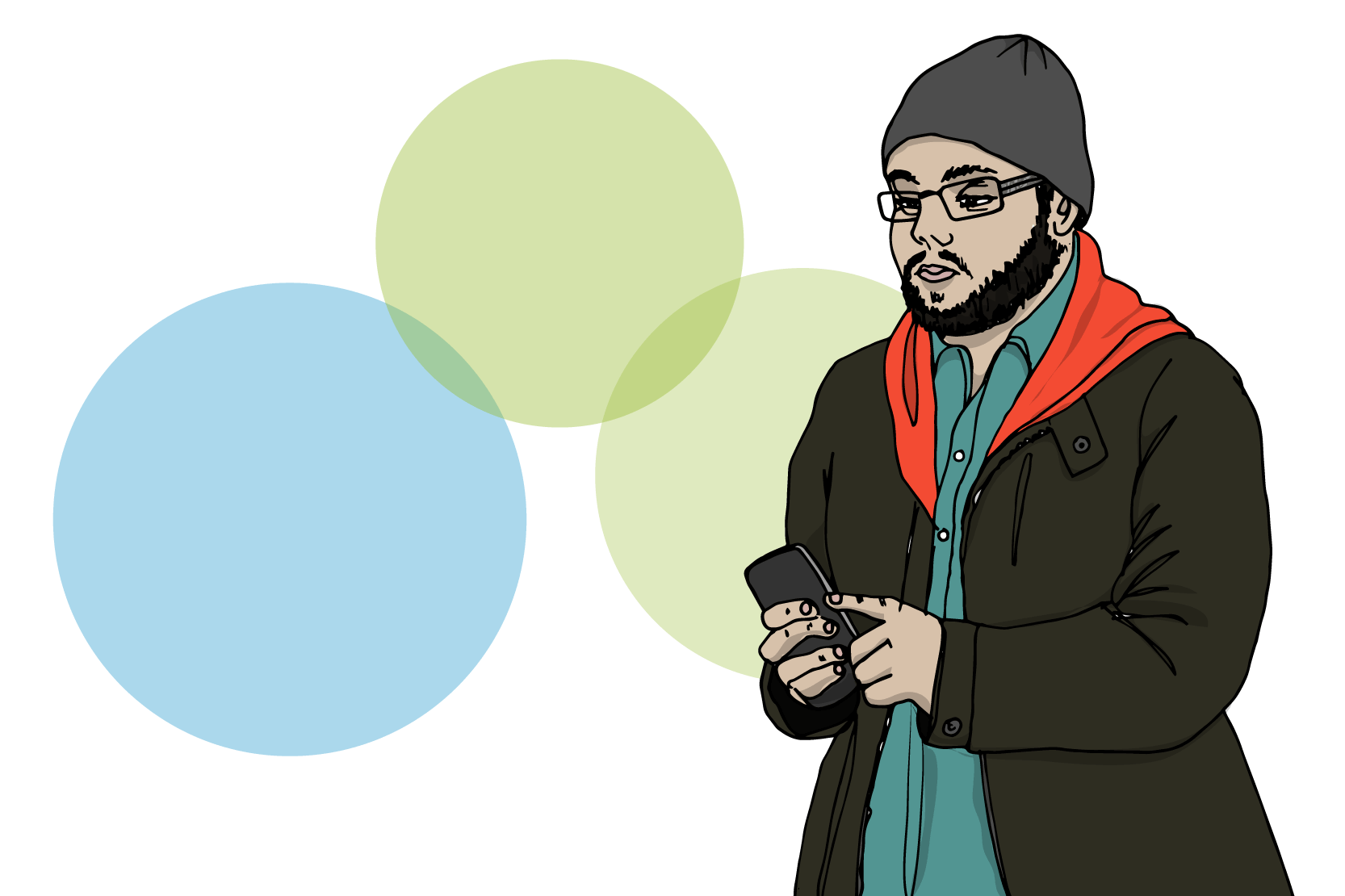 En person står med mobilen i handen. Illustration.
