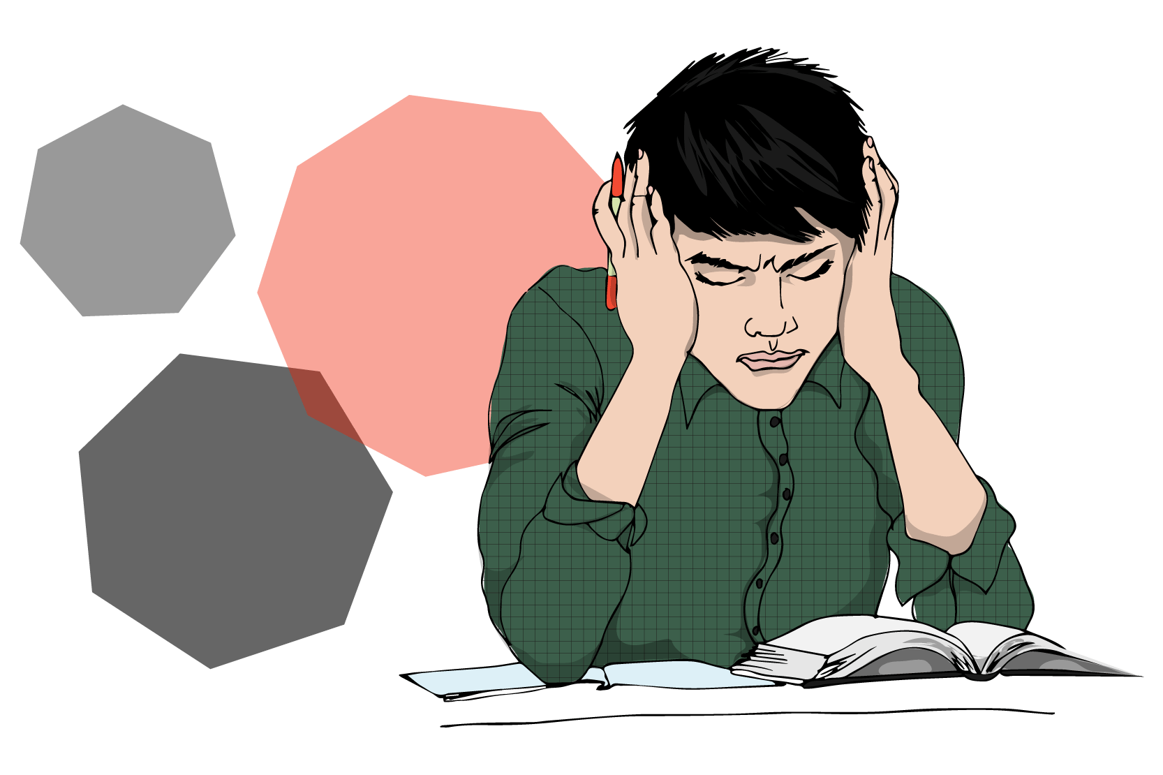 En person sitter med uppslagna böcker framför sig och försöker koncentrera sig. Illustration.