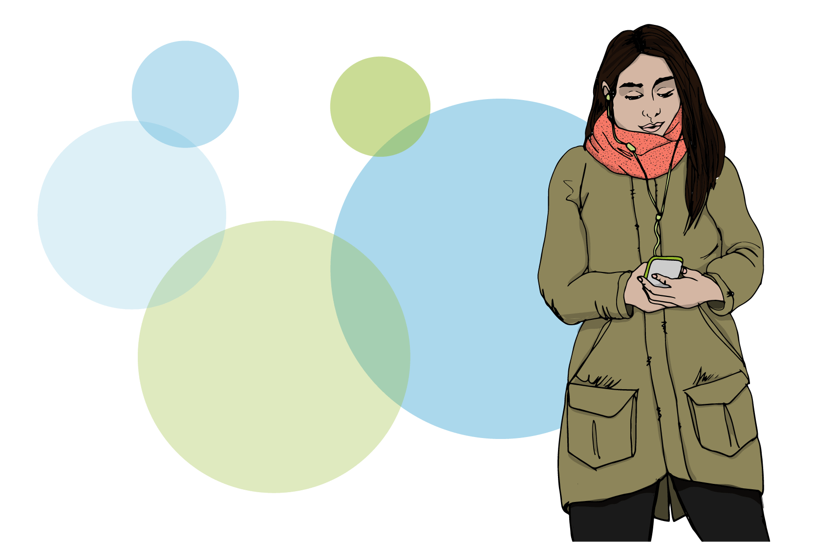 En person med hörlurar står och tittar på mobilen. Illustration.
