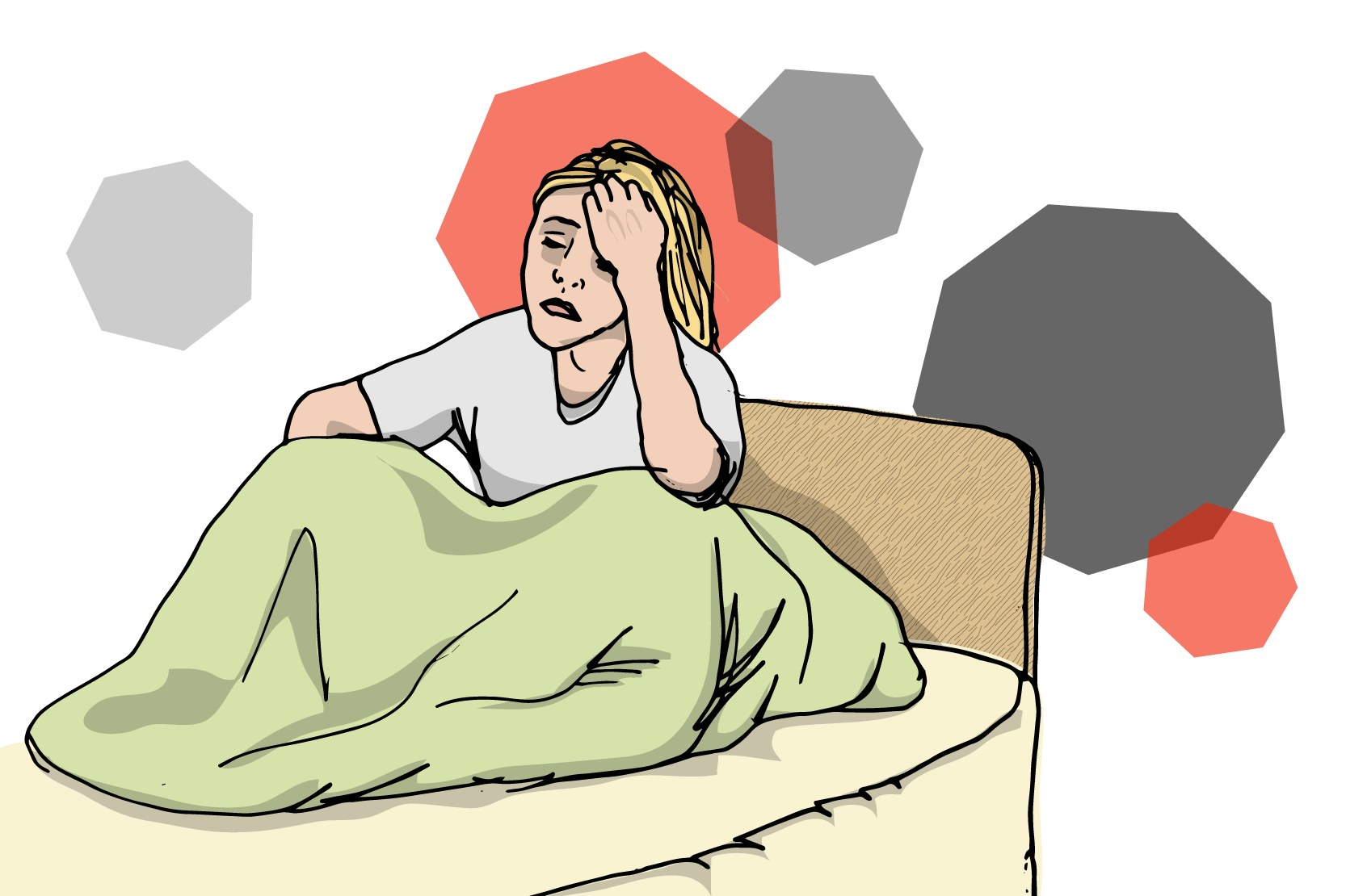 En person sitter upp i sängen med täcket över benen och blundar. Illustration.