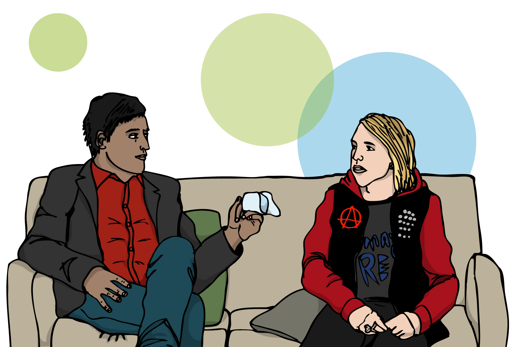 En vuxen och en ung person i en soffa. Den vuxna ger den unga personen en näsduk.  Illustration.