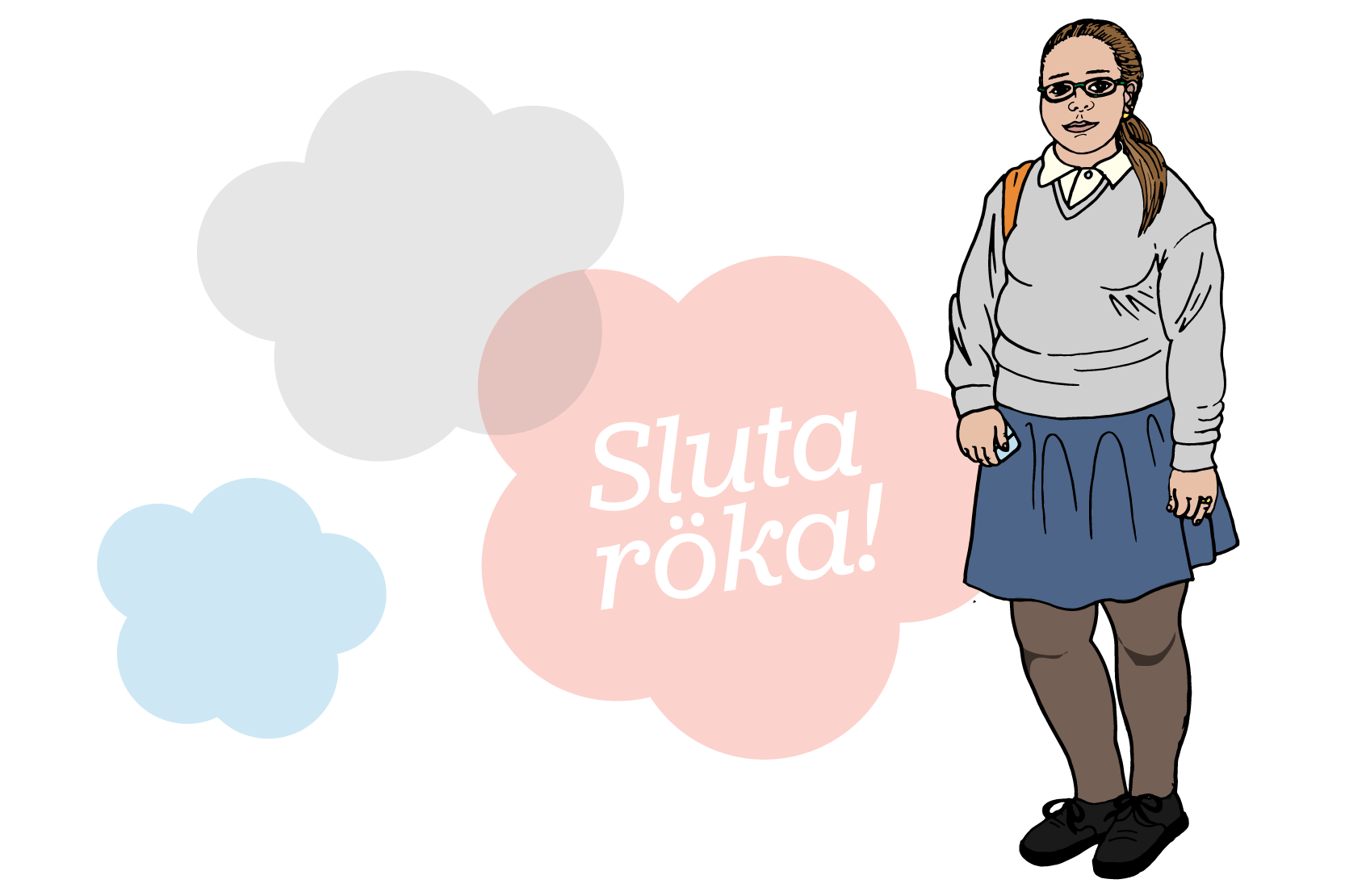 En person står med ett cigarettpaket i handen. Text i bakgrunden: Sluta röka! Illustration. uta röka!