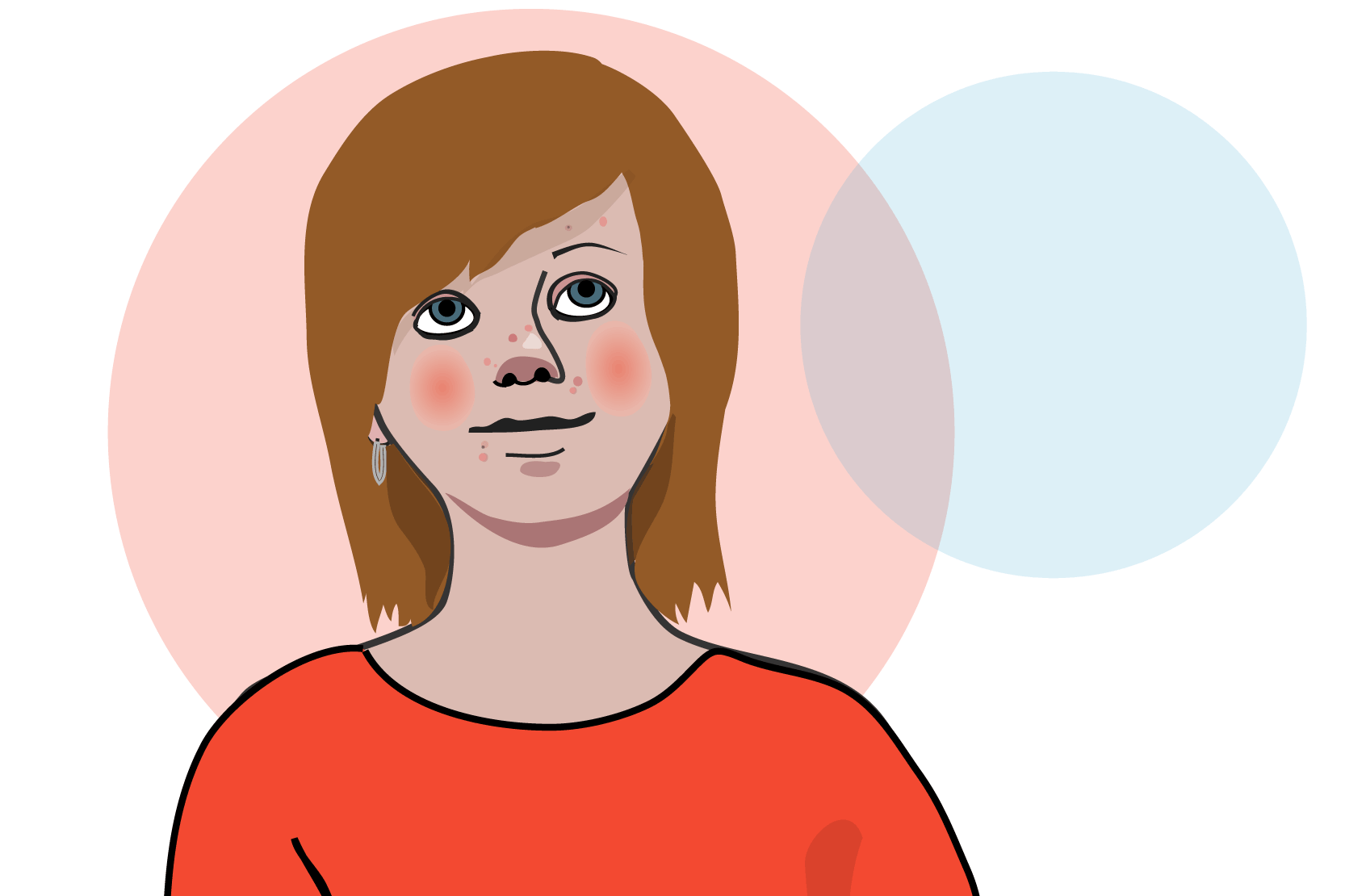 En person med röda kinder som ler lite och ser ut att tänka på något. Illustration.