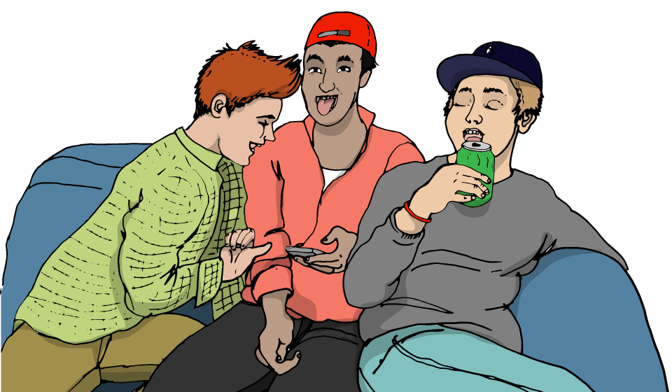 Tre fulla personer i en soffa där en dricker öl. Illustration.