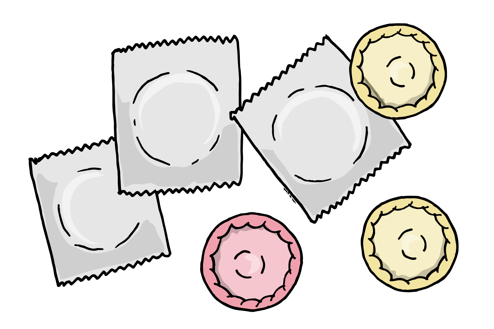 Kondomer med förpackning och utan förpackning. Illustration. 