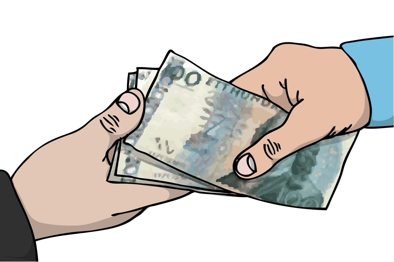 En person ger några hundralappar till en annan person. Illustration.
