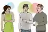 En person säger till sin kompis, som ser ut att skämmas. Personen som blivit tafsad på står bredvid och ser arg ut. Illustration.