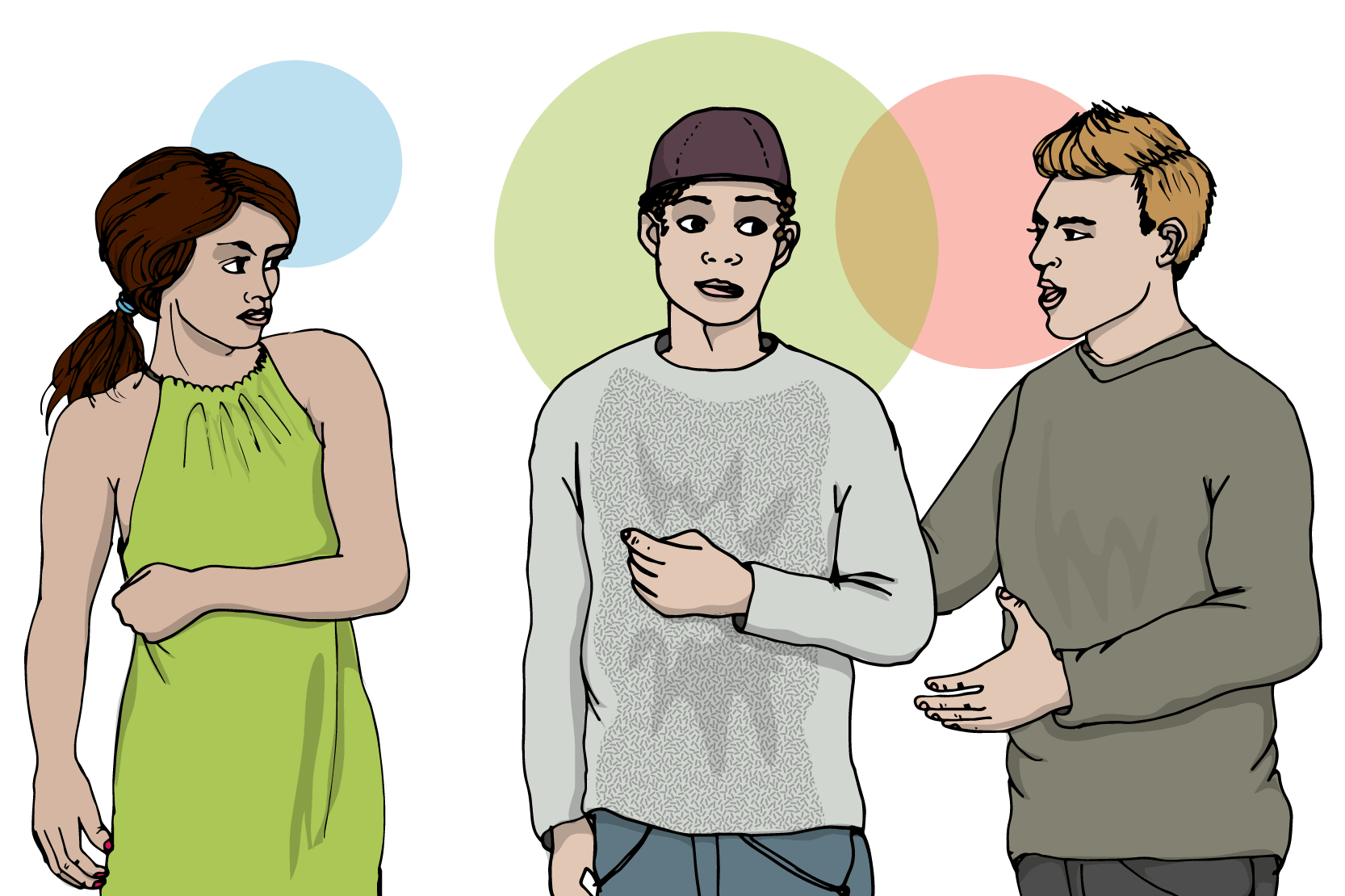 En person säger till sin kompis, som ser ut att skämmas. Personen som blivit tafsad på står bredvid och ser arg ut. Illustration.
