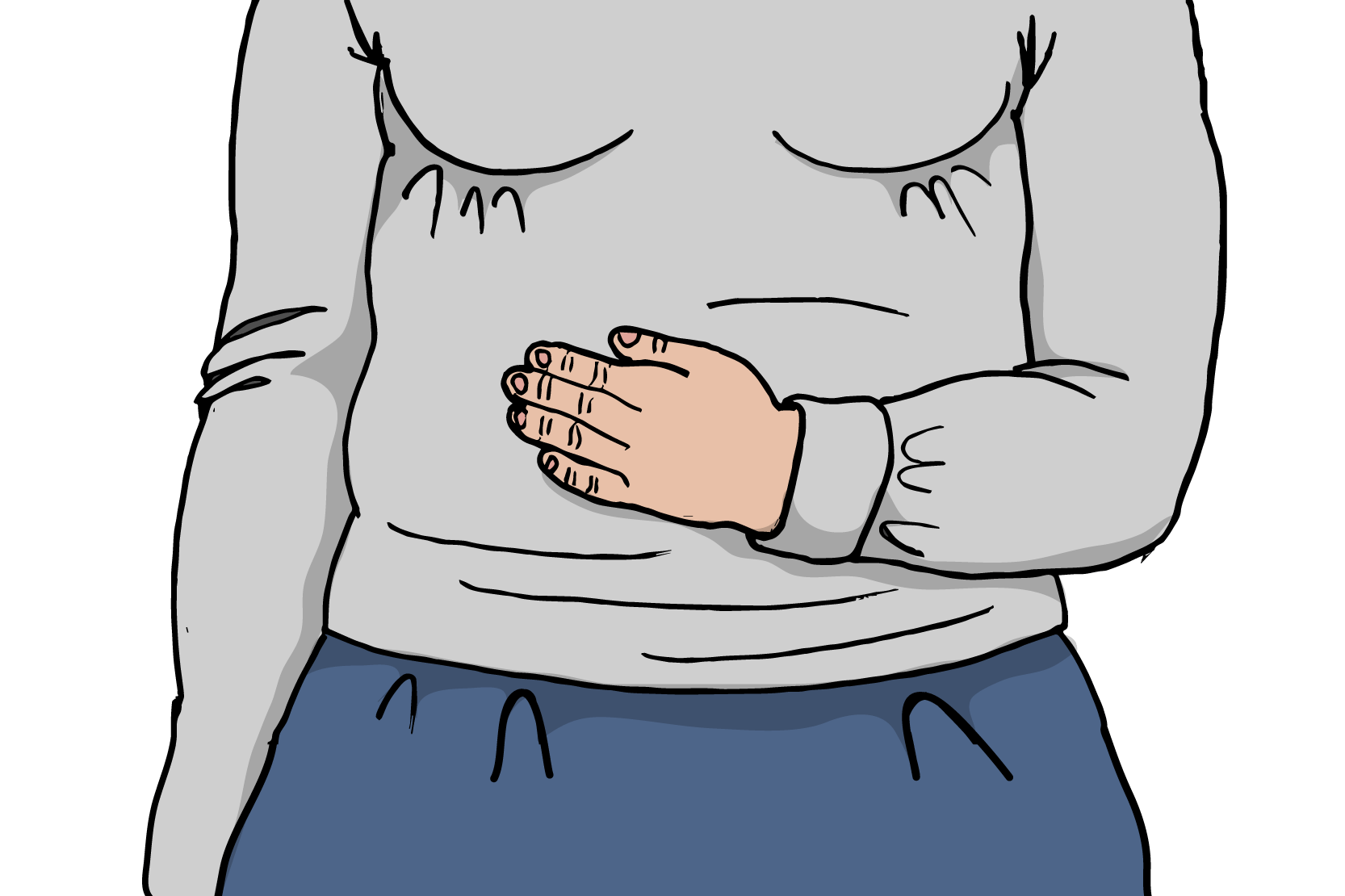 En person håller handen över magen. Illustration.