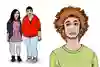 Två personer står tillsammans och tittar på en tredje, som ser osäker ut. Illustration.