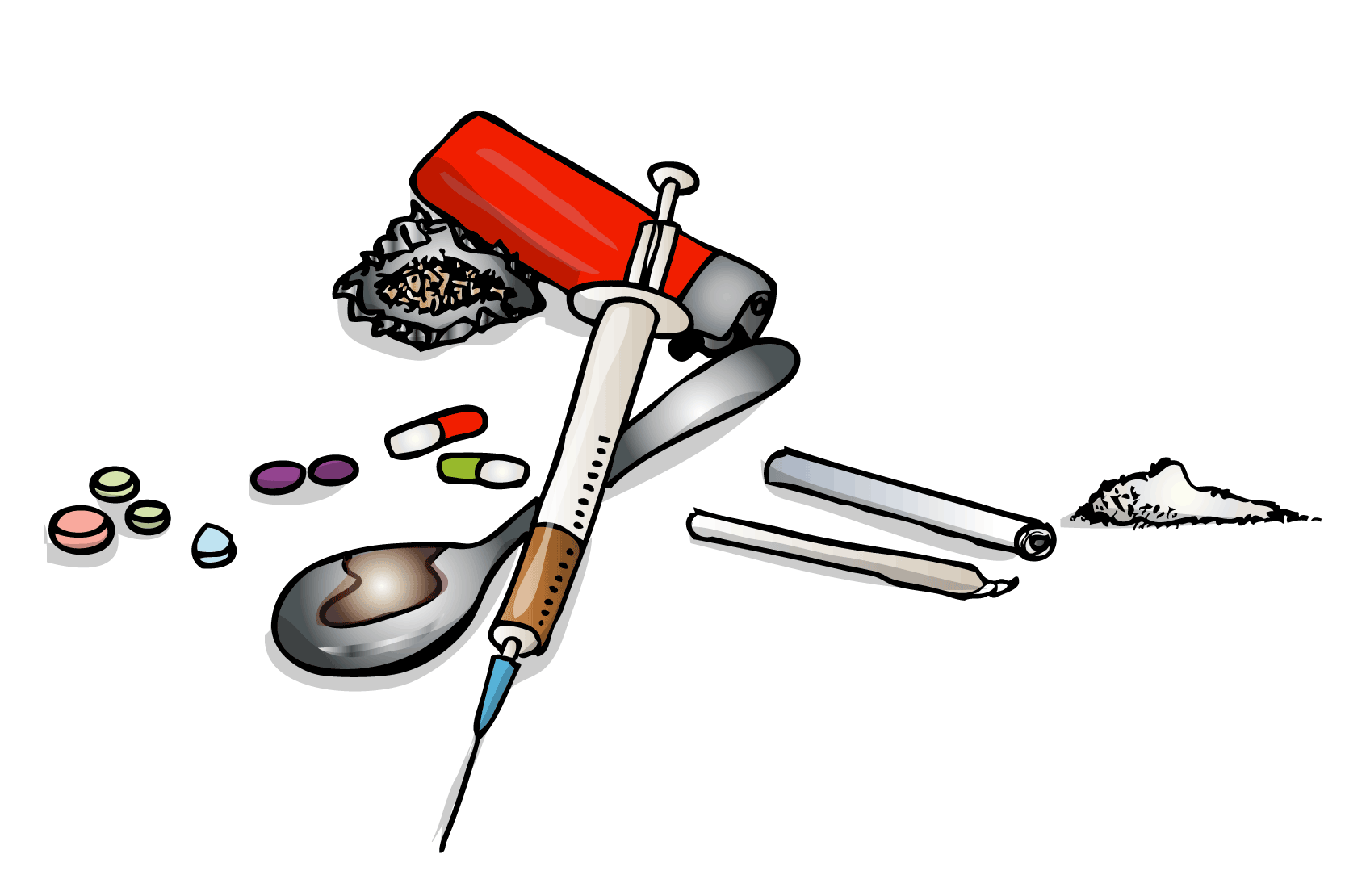En spruta, tabletter, vitt pulver och cigaretter. Illustration.